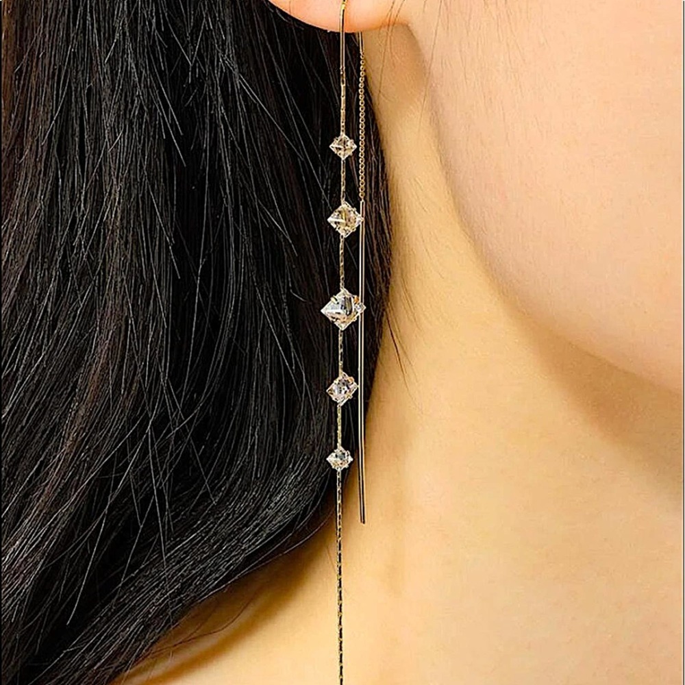 NEW GOLD CRYSTAL RHINESTONE THREADER EARRINGS